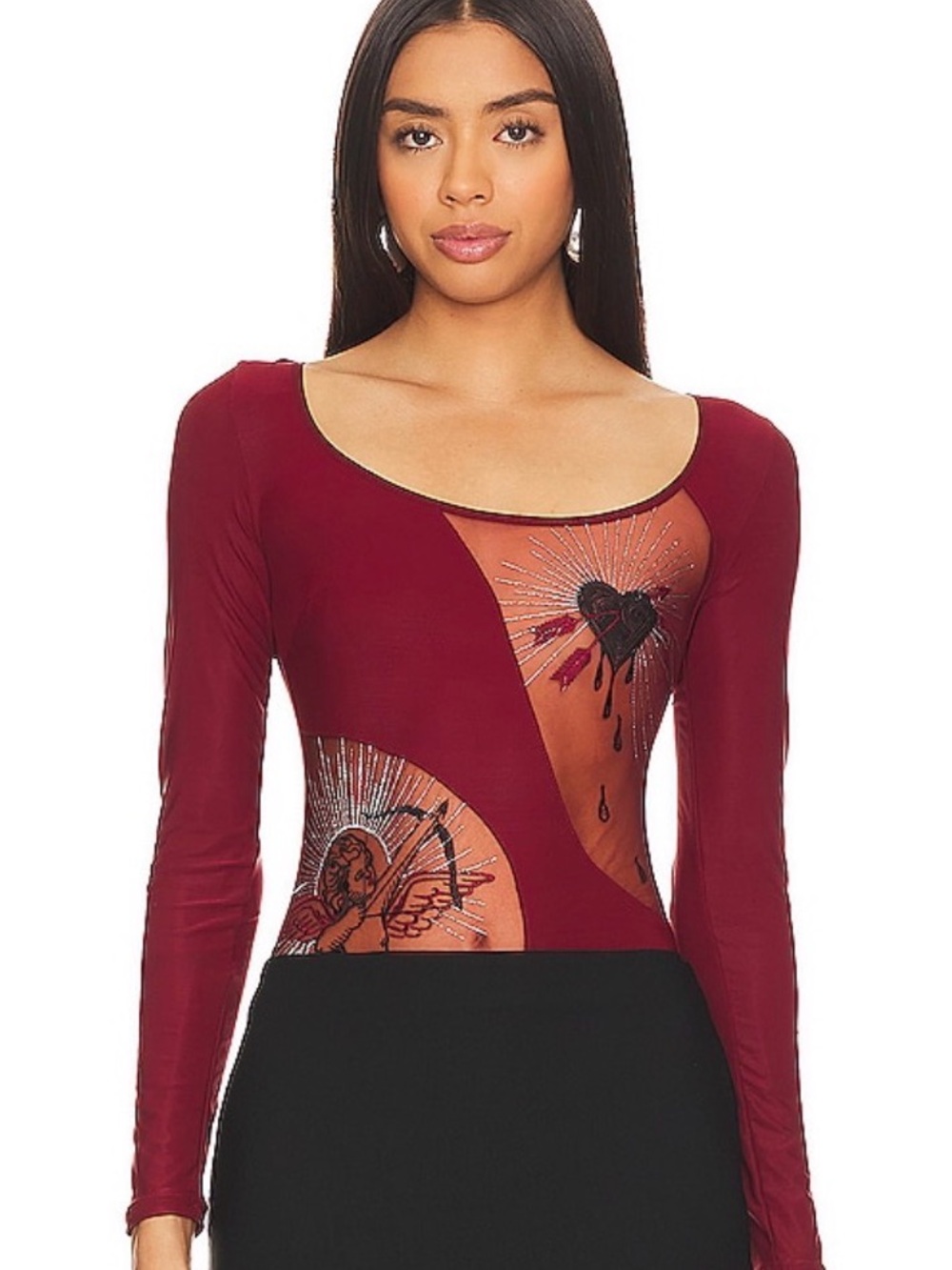 Thistle and Spire Burgundy Long-Sleeve Mesh Accent Bodysuit